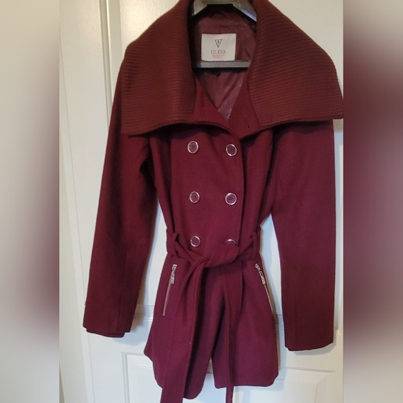 GUESS Double Breasted Wool Blend Peacoat Burgundy / Maroon - Picture 2 of 10
